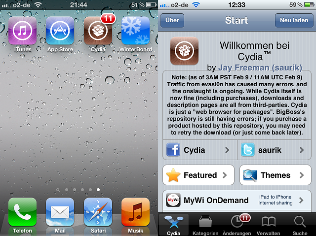 Symbol und Startbildschirm von Cydia mit Hinweis auf evasi0n-Jailbreak.