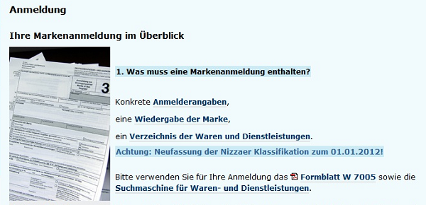 Markenanmeldung auf der DPMA-Webseite mit Hinweis auf die Nizza-Klassifikation.